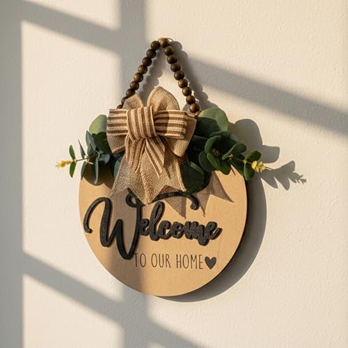 Condorpasea 3D Welcome Sign for Front Door | Home/Farmhouse Porch Décor Wooden Hanging Sign with Artificial Leaves and Rustic Beads | Christmas Classroom |12" Round