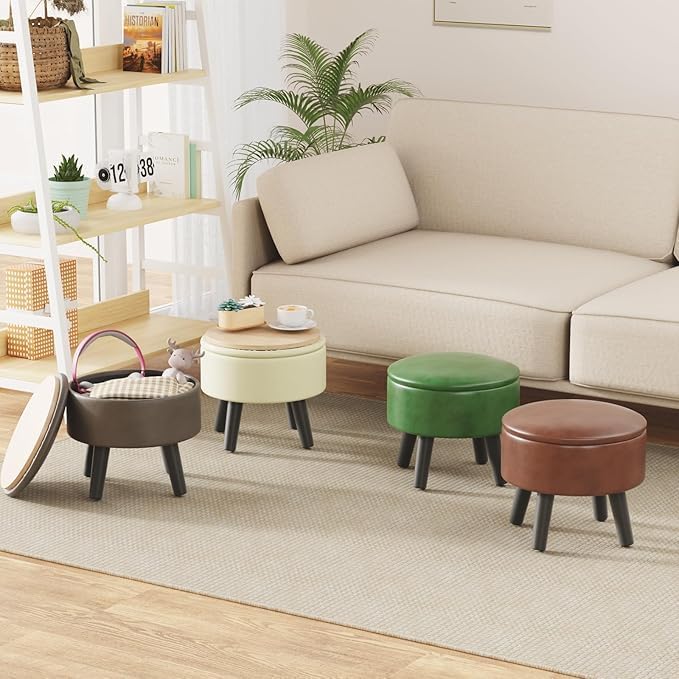 Small Foot Stool Ottoman with Storage, Faux Leather Ottoman Foot Rest for Couch, Round Footstool Ottomans for Living Room (Gray)