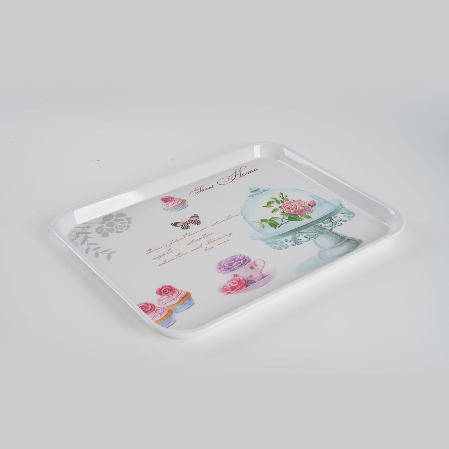 4-Pack Melamine Serving Tray Set - Rectangle Stackable Food Breakfast Fruit Platter with Floral Print for Gift Party Decor Home Restaurant (Cake)