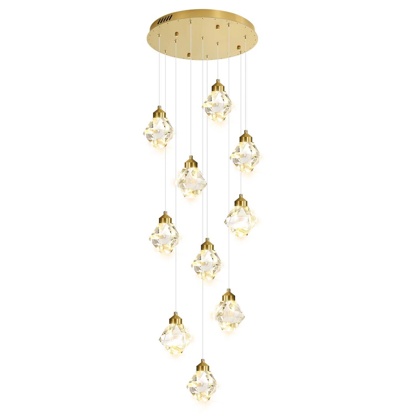 Shial Lighting 10-Light Modern Chandelier for Entrance Crystal Chandeliers for Living Room Gold Pendant Light Fixture Staircase Chandeliers for High Ceilings Dimmable LED Hanging Light with Remote