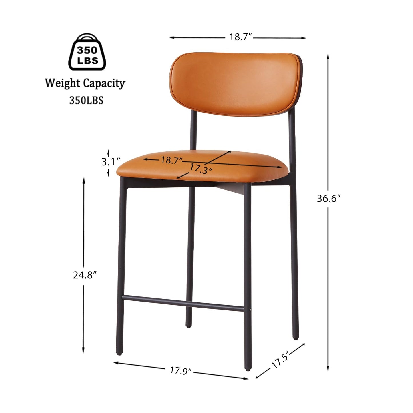GrandNoor Modern Bar Stools Set of 2, 24 Inch Upholstered Brown Faux Leather Counter Height Stools with Curved Backrest & Metal Legs, Wood Grain Back Bar Chairs for Kitchen Island
