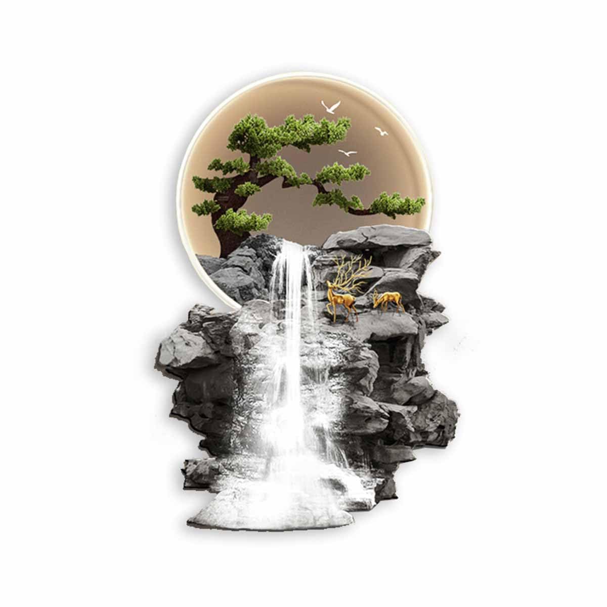 YFQHRXYS 3D Oriental Waterfall Wall Art with LED Light,Oriental Welcoming Pine Landscape for Living Room Office Decor,Modern Art Wall Decor Sculptures, Plug-in Power Supply, Remote Control(50 * 75cm)