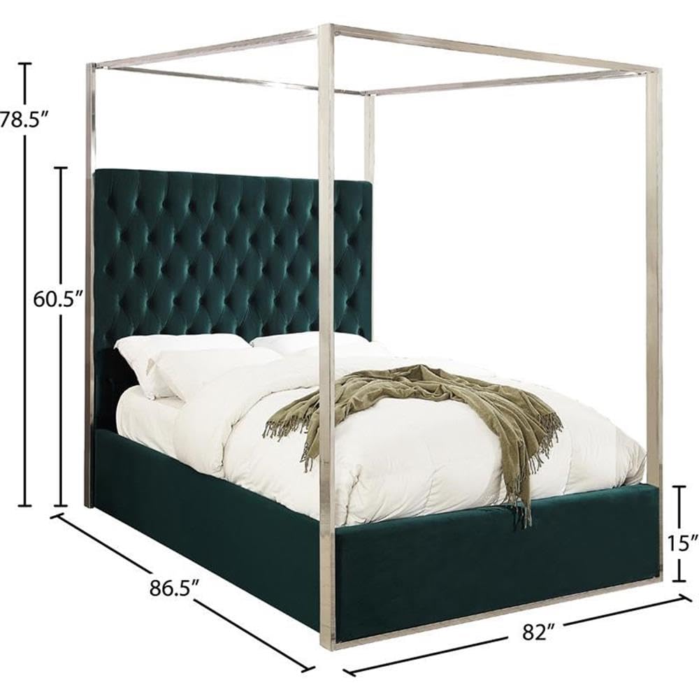Meridian Furniture Porter Collection Modern | Contemporary Velvet Upholstered Bed with Deep Detailed Tufting and Chrome Canopy, Green, King
