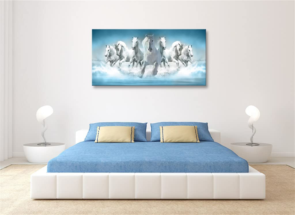 7 White Running Horses Wall Art Modern Blue Canvas Print Picture Artwork Animal Painting for Living Room Decor Bedroom Office