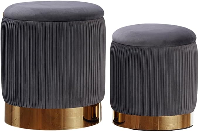 YYW HOME Gray Round Ottoman with Storage Set of 2 | Large storage capacity, Removable Lid, Used for Vanity Stoo,l Assemble Free, Nesting Packing