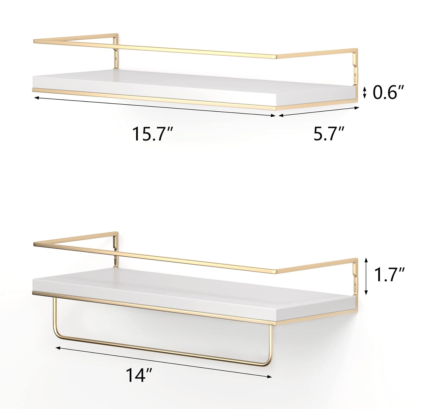 Shario White Floating Shelves - Set of 2, Wall Mounted Hanging Shelves with Golden Towel Rack, Decorative Storage Shelves for Bathroom, Kitchen, Living Room & Bedroom (White Gold, 15.7 Inches)
