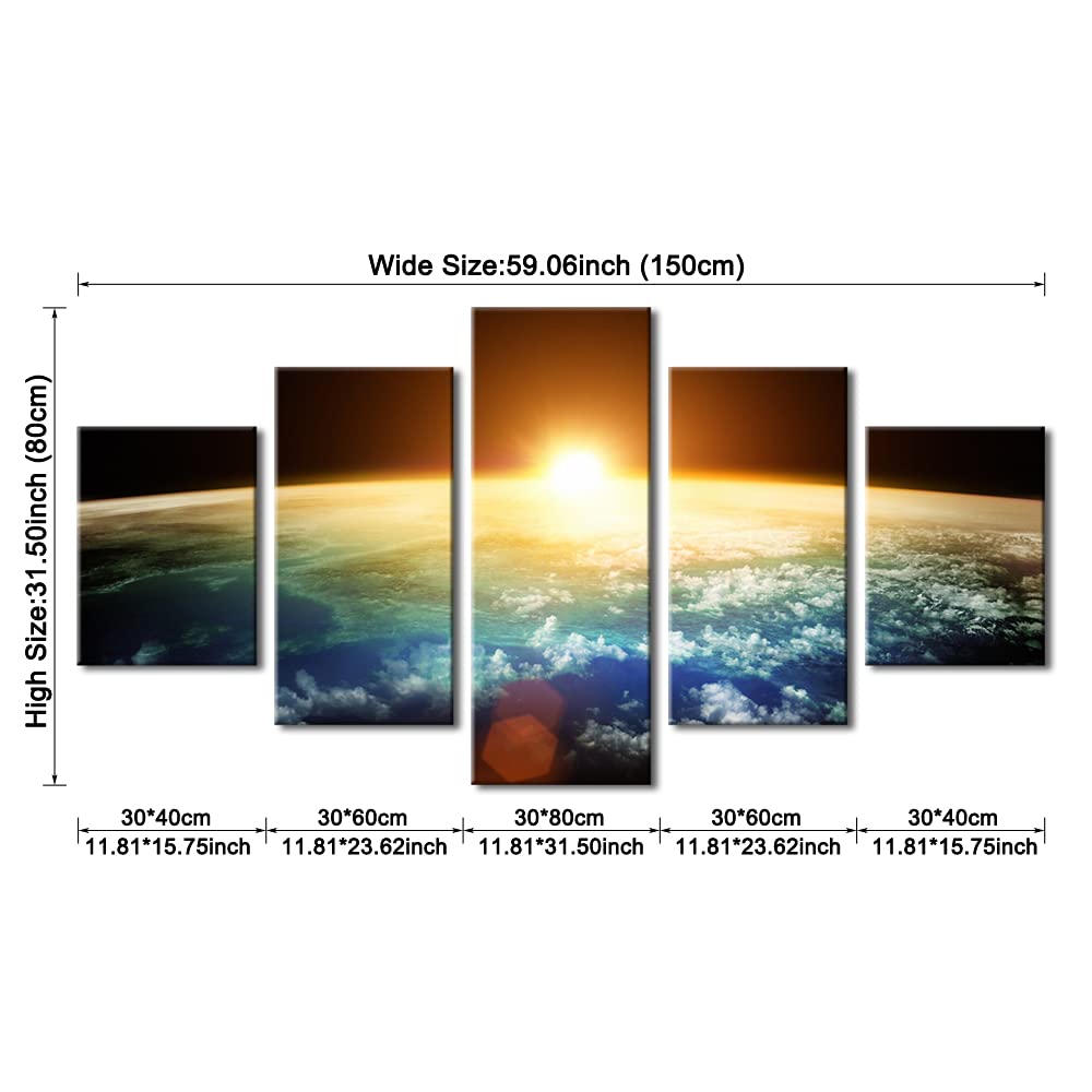 Pyradecor The Earth Large 5 Panels Modern Gallery Wrapped Landscape Canvas Print Space Pictures on Canvas Wall Art Work Ready to Hang for Living Room Bedroom Home Office Decor L
