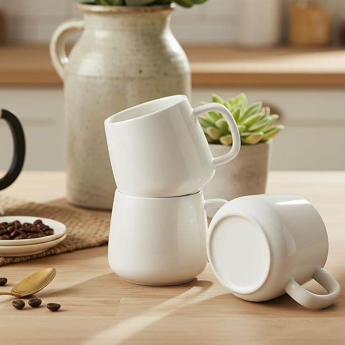 Teocera Coffee Mugs Set of 6-12oz Chip-Resistant Ceramic Cups with Ergonomic Handle | Dishwasher & Microwave Safe White Mugs | Keeps Beverage Hot, Perfect for Family Kitchen & Holiday Gifts