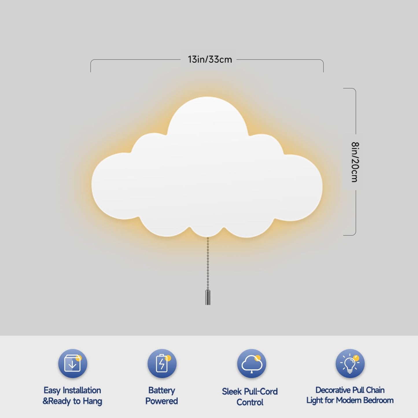KNYELYNS 2 Pack Cloud Light - Battery-Powered Wall Lamp for Nursery, Kids Bedroom & Baby Room, 3000K Warm Night Light with Pull-String Switch, Cordless 3.7V, Lightweight 13x8in (No Charging Needed)