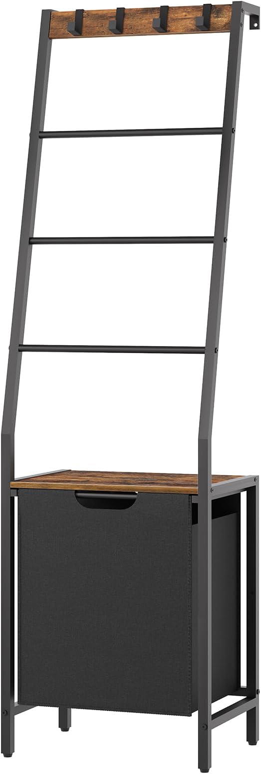 MAHANCRIS Blanket Ladder, 4-Tier Towel Rack with Pull-Out Laundry Basket & Removable Hooks, Ladder Shelf Stand, Wall-Leaning Blanket Rack for Living Room, Bedroom, Rustic Brown and Black TRHR4401