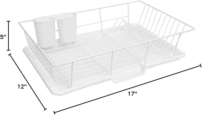 Sweet Home Collection Space-Saving 3-Piece Dish Drainer Rack Set: Efficient Kitchen Organizer for Quick Drying and Storage - Includes Cutlery Holder and Drainboard - Maximize Countertop Space, White