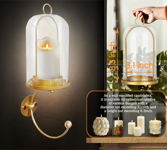 MAUYAR Metal Wall Hurricane Glass Candle Sconce Holder for Pillar Candle & Plant, Modern Farmhouse Decor Candle Lantern with Hand Towel Rack (Gold)
