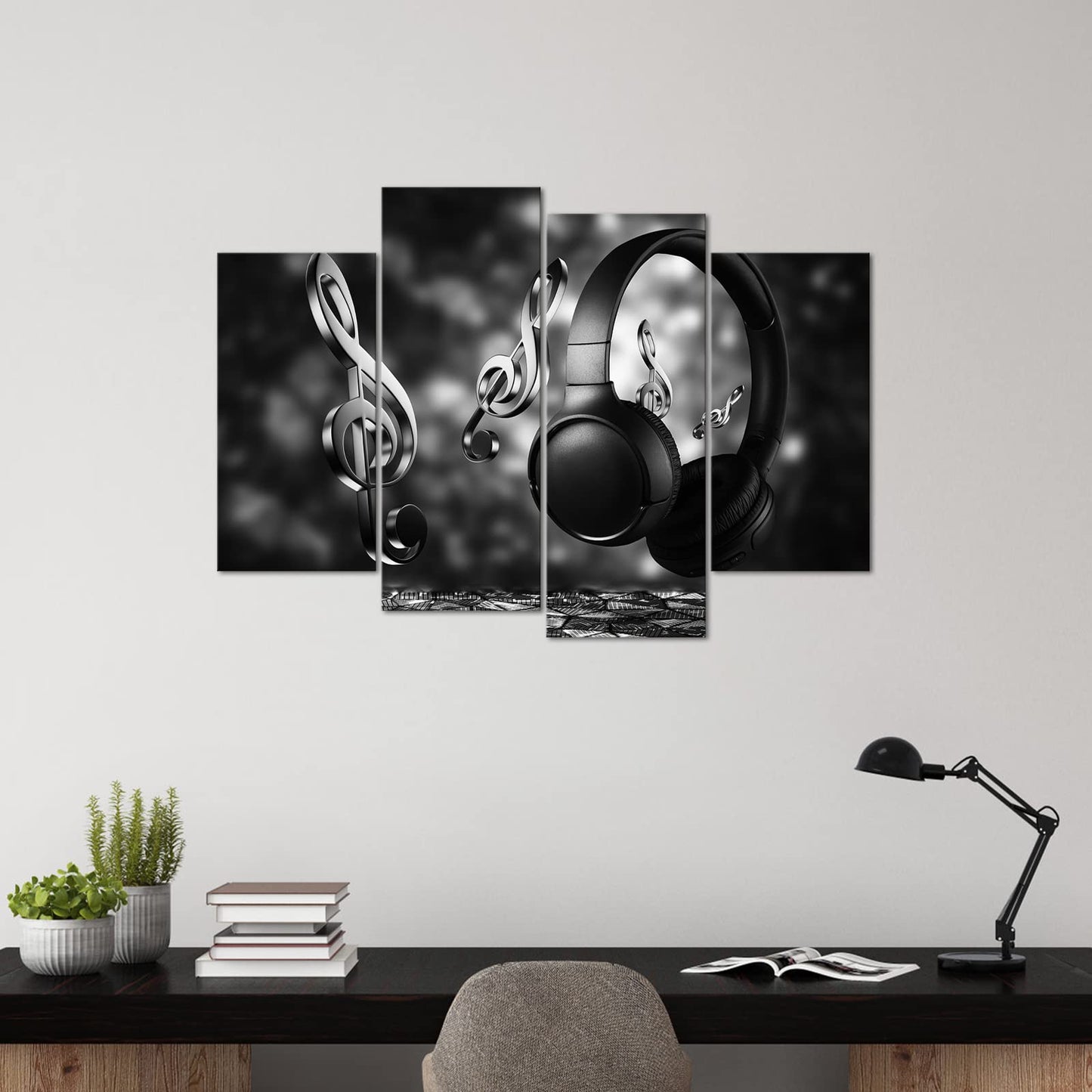 4 Panels Wireless Headphones Canvas Wall Art Black and White Notes Pictures Painting HD Earphones Photo Posters for Modern Music Room Studio Walls Decor Stretched and Framed Ready to Hang