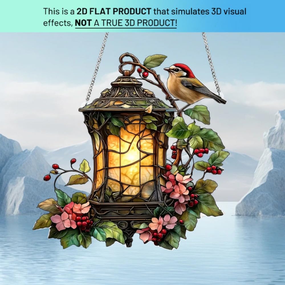 1PC Lantern with Bird and Flowers Acrylic Hanging, 7.08 inch Window Decor with Printed Stained Glass Style Design, Rainbow Maker Wall Art, Gift Idea & Garden Ornament Indoor Outdoor Use/YX-13