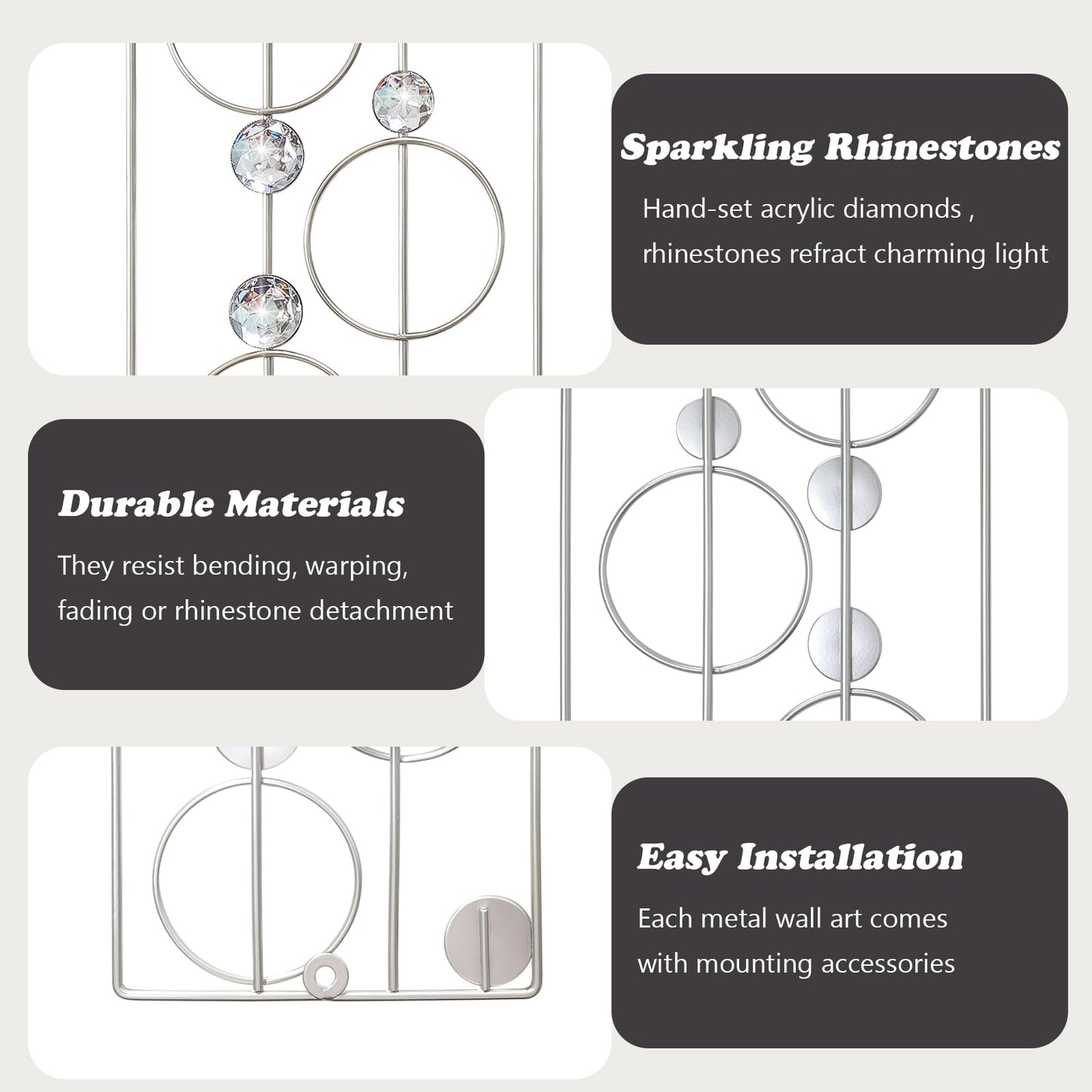 ZEXUIRU 2 Pack Bling Abstract Metal Wall Art Minimalist Line Jeweled Crystal Wall Decor Modern Geometric Rhinestone Hanging Wall Sculpture for Living Room Bedroom Bathroom Office