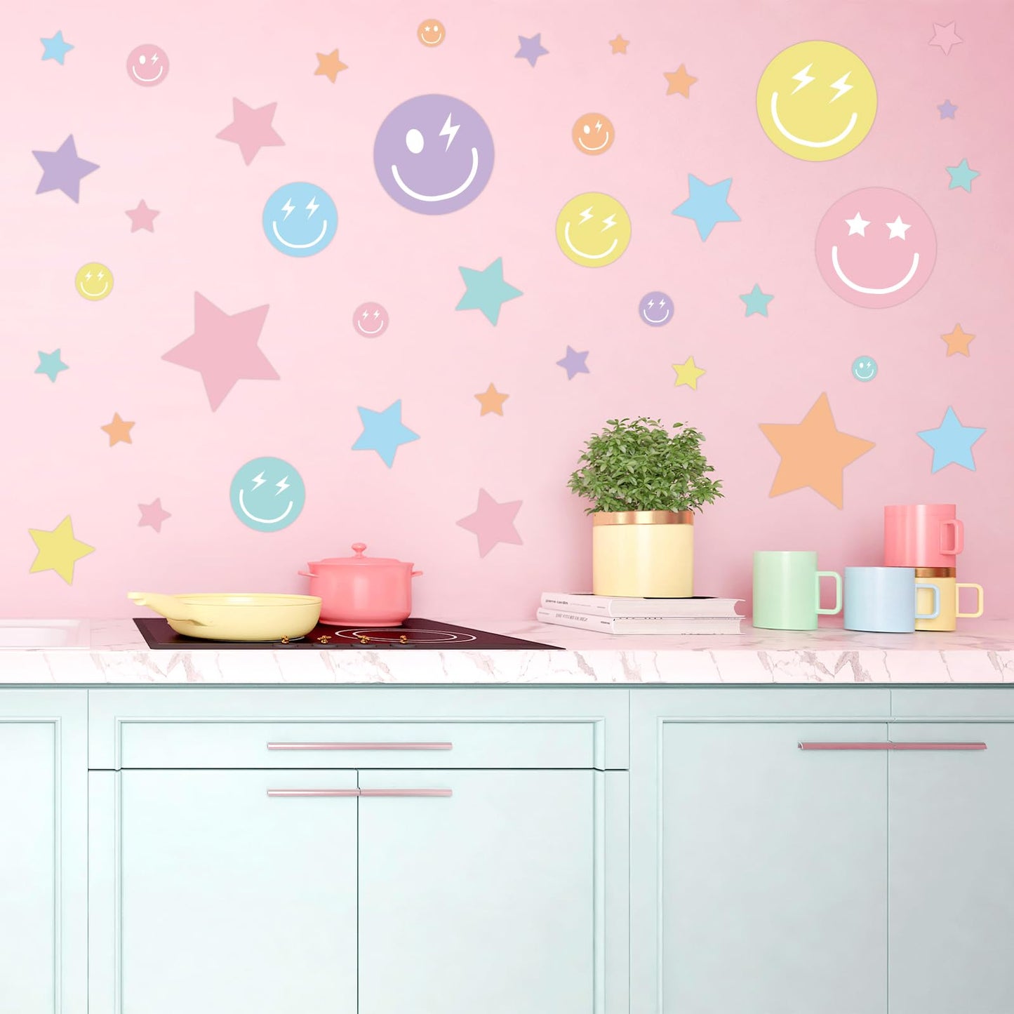 Whaline 12 Sheets Preppy Wall Stickers Pastel Smile Face Star Wall Decals Aesthetic Room Mural Stickers for Back to School Party Home Nursery, 7.9 x 11.8 Inch