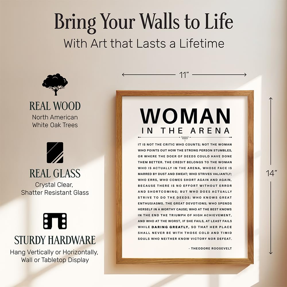 LARGE 11X14 FRAMED - Man/Woman In the Arena - Teddy Roosevelt Poster - Positive Quotes - Motivational Inspirational Wall Art Decor - Uplifting Gift for Women, Feminist, Entrepreneur - Daring Greatly
