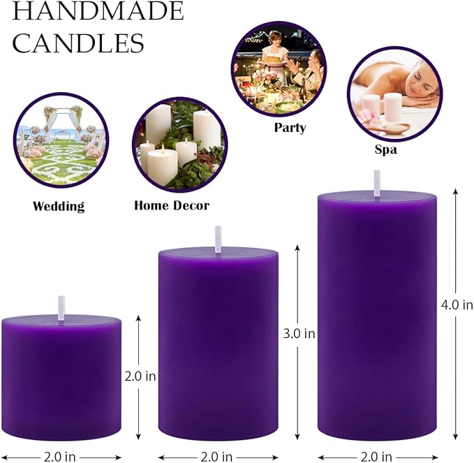 Purple Unscented Pillar Candles 3-Pack ??Dripless & Smokeless, Long-Burning Thick Candles (2",3",4" Heights) for Weddings, Home Decor & Serene Ambiance