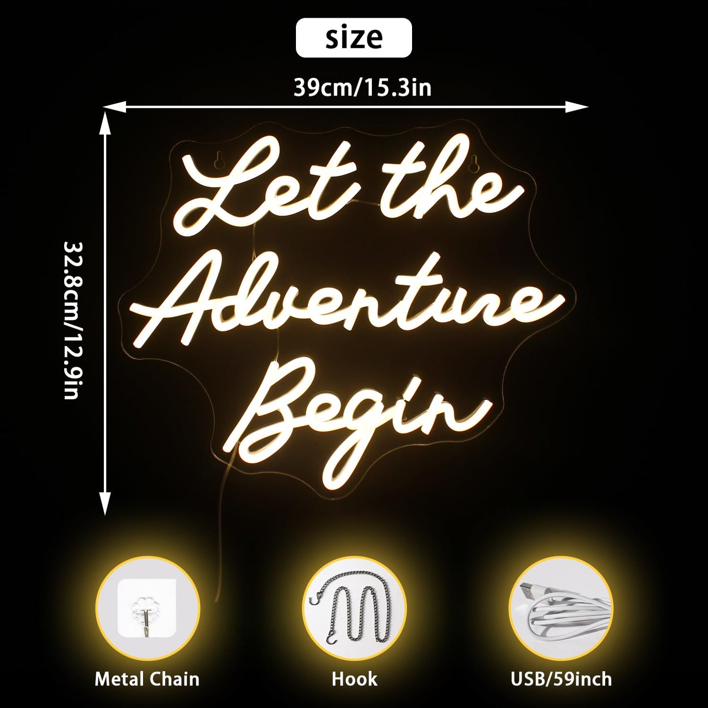 NOSUN Let The Adventure Begin Neon Sign Adventure Neon Signs for Wall Decor Warm White Led Sign Funny Neon Lights for Bedroom Home Travel Club Bar Wedding Engagement Party Decor Dimmable LED Light