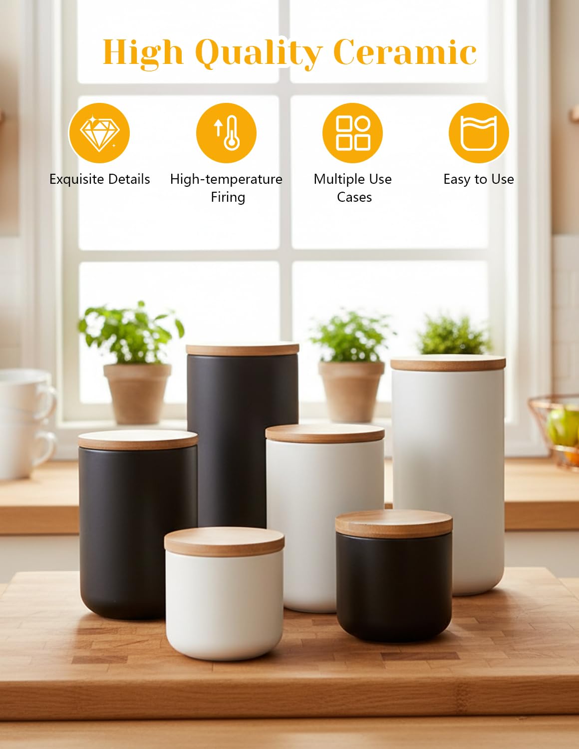 Ceramics Food Storage Jar Canister with Airtight Seal Bamboo Lid, Simple Style Kitchen Canister for Food Storage, Store Coffee, Sugar, Tea, Spices and More (White (8.79oz/260ml))