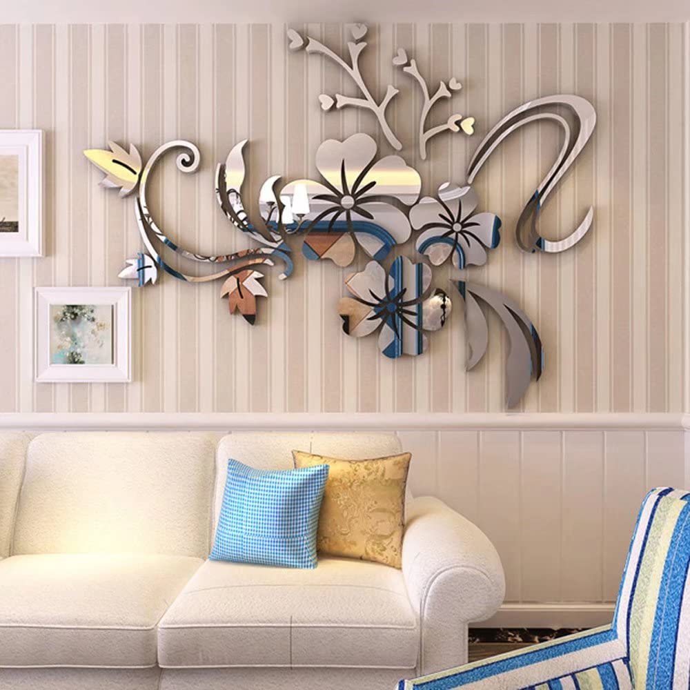 Wall Stickers 3D Flower Pattern - Family Wall Decals Living Room Wall Decor Sticker for Walls Decor Living Room Home Decorations Room Decor for Office Sofa Bedroom Decals (Silvery XS: 40cm * 60cm)