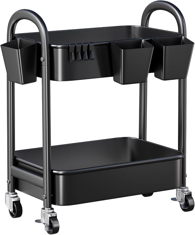 2 Tier Rolling Cart Metal on Wheels, Two Tiered Short Storage Side Table with Wheels, Heavy Duty Under Desk Mobile Trolley, Small Utility Organizer Carts for Craft, Art, Office, Kitchen, Black Basket