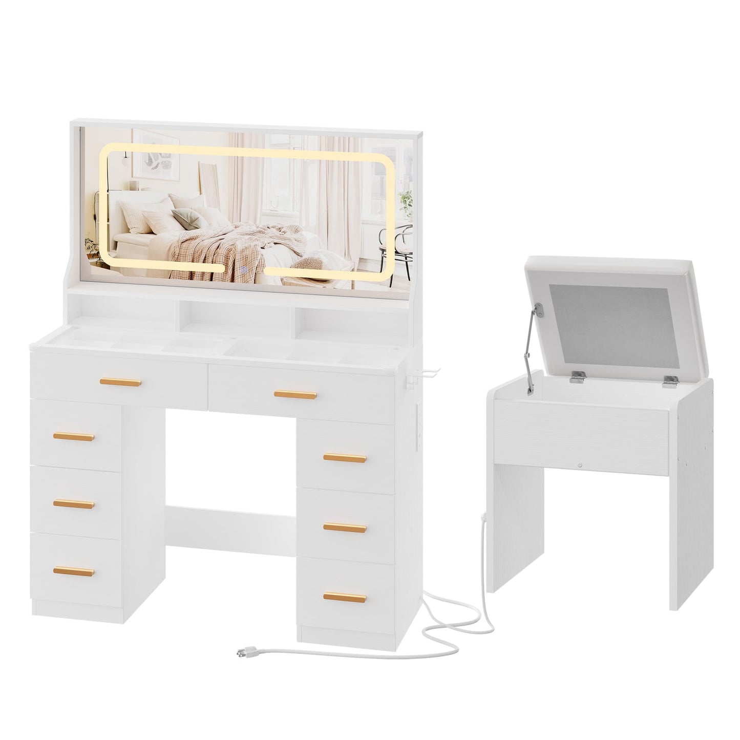 GAOMON Makeup Vanity Desk with Large Lighted Mirror, Vanity Desk with Glass Tabletop, 8 Drawers & 3 Storage Shelves, Vanity Set with Built-in Power Outlet for Bedroom & Dressing Area, White