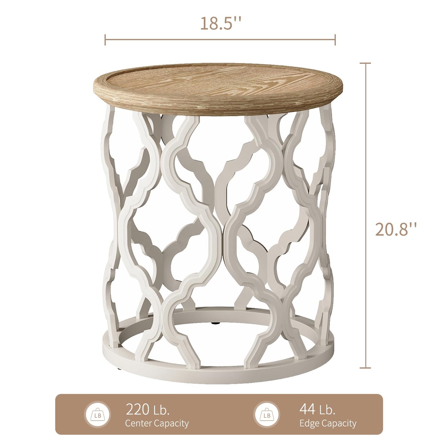 karlott Farmhouse End Table, 18.5'' French Country Round Side Table, Distressed Tray Top Side Table with Curved Motif Frame Base for Boho, End Tables Living Room, Bedroom, Small Space, Cream Beige