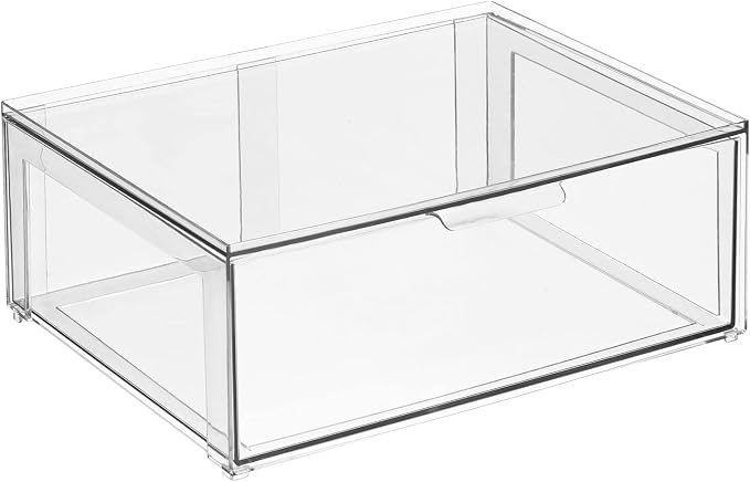 mDesign Plastic Stackable Bathroom Storage Organizer Bin Containers with Front Pull Drawer for Bathroom Countertop, Vanity, Closet Shelves - Holder for Beauty Accessories - Lumiere Collection - Clear