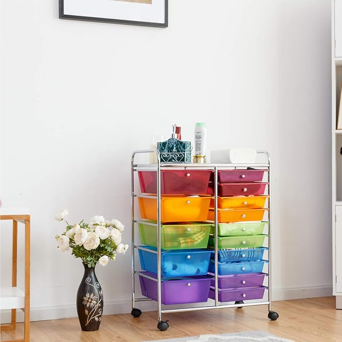 Giantex 15 Drawer Rolling Storage Cart Tools Scrapbook Paper Office School Organizer, Multicolor