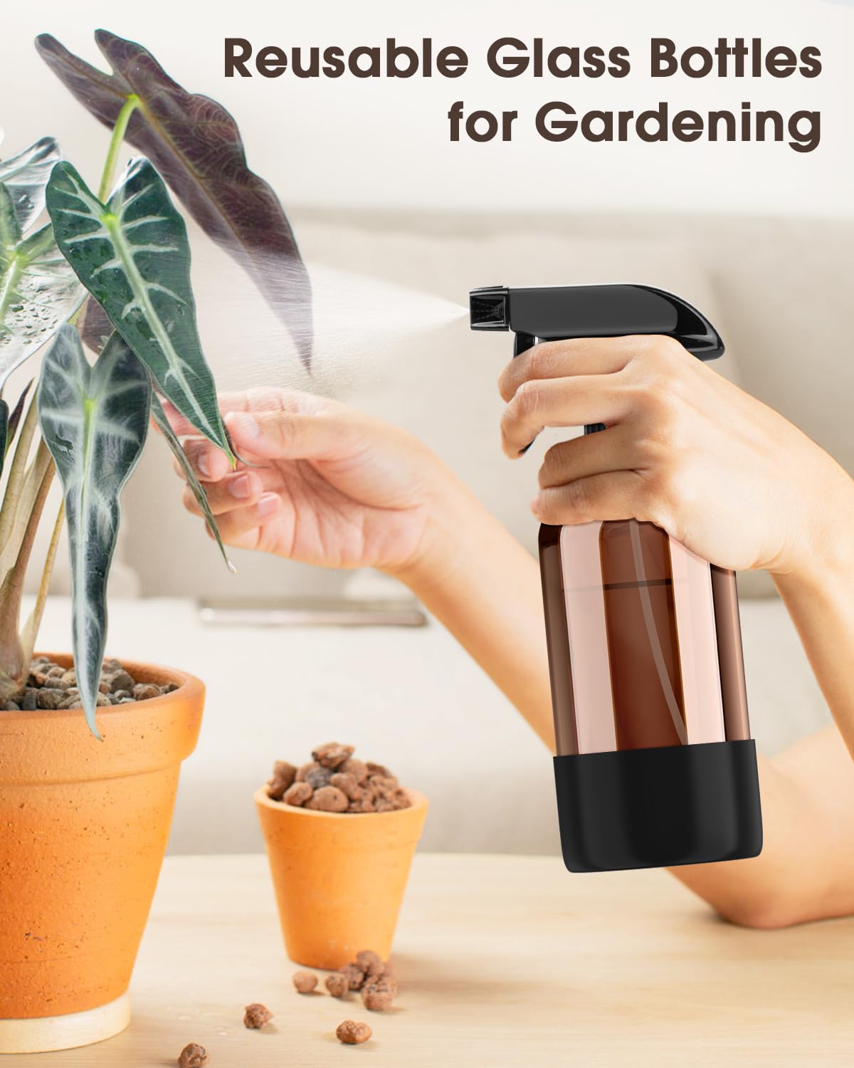 Bontip Glass Spray Bottle with Silicone Sleeve Protection, Amber Glass Spray Bottle Set for Window Cleaner Aromatherapy Facial Hydration Watering Flowers Hair Care 2 Pack/16 oz (Black & Grey, 16 oz)