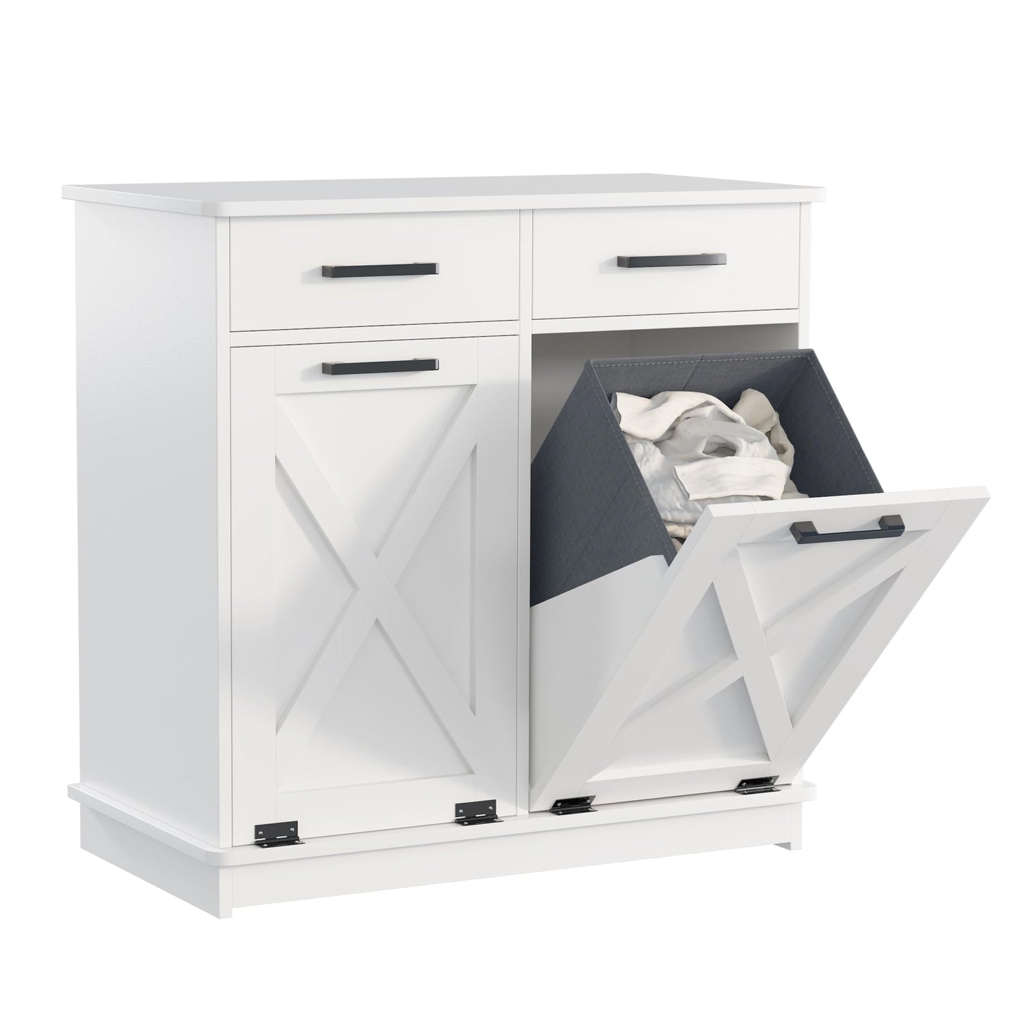 Mepplzian White Double Tilt Out Laundry Hamper Cabinet Laundry Basket Cabinet Hidden Laundry Hamper with 2 Drawers & 2 Baskets for Bathroom,30x30x16in(Barn Door Panel)