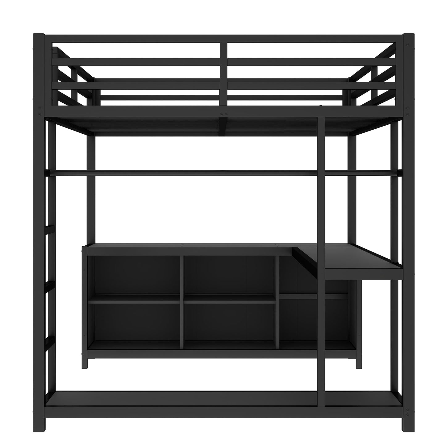 KEIKI Loft Bed Queen Size with Desk and Storage, Metal Bedframe with Shelves and Safety Guardrail, No Box Spring Needed, Space Saving, for Teens & Adults, Black