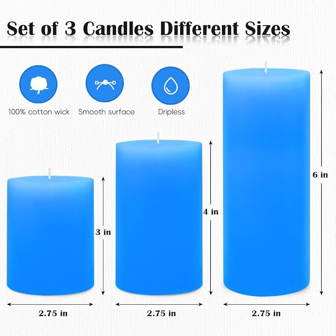 Set of 3 Different Size Light Blue Pillar Candles, Unscented Dripless 2.75x3, 2.75x4, 2.75x6 Inch Long Lasting Cylinder Wax Candles for Home Power Outage Dinner Table Decoration