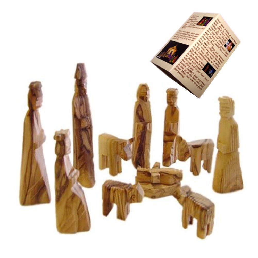 Holy Land Market Olive Wood Children's Nativity Scene - 12-Piece Indoor Wooden Nativity Set, Handmade in Bethlehem, with Pictorial Story Booklet & Authenticity Certificate, 3-Inch Figures