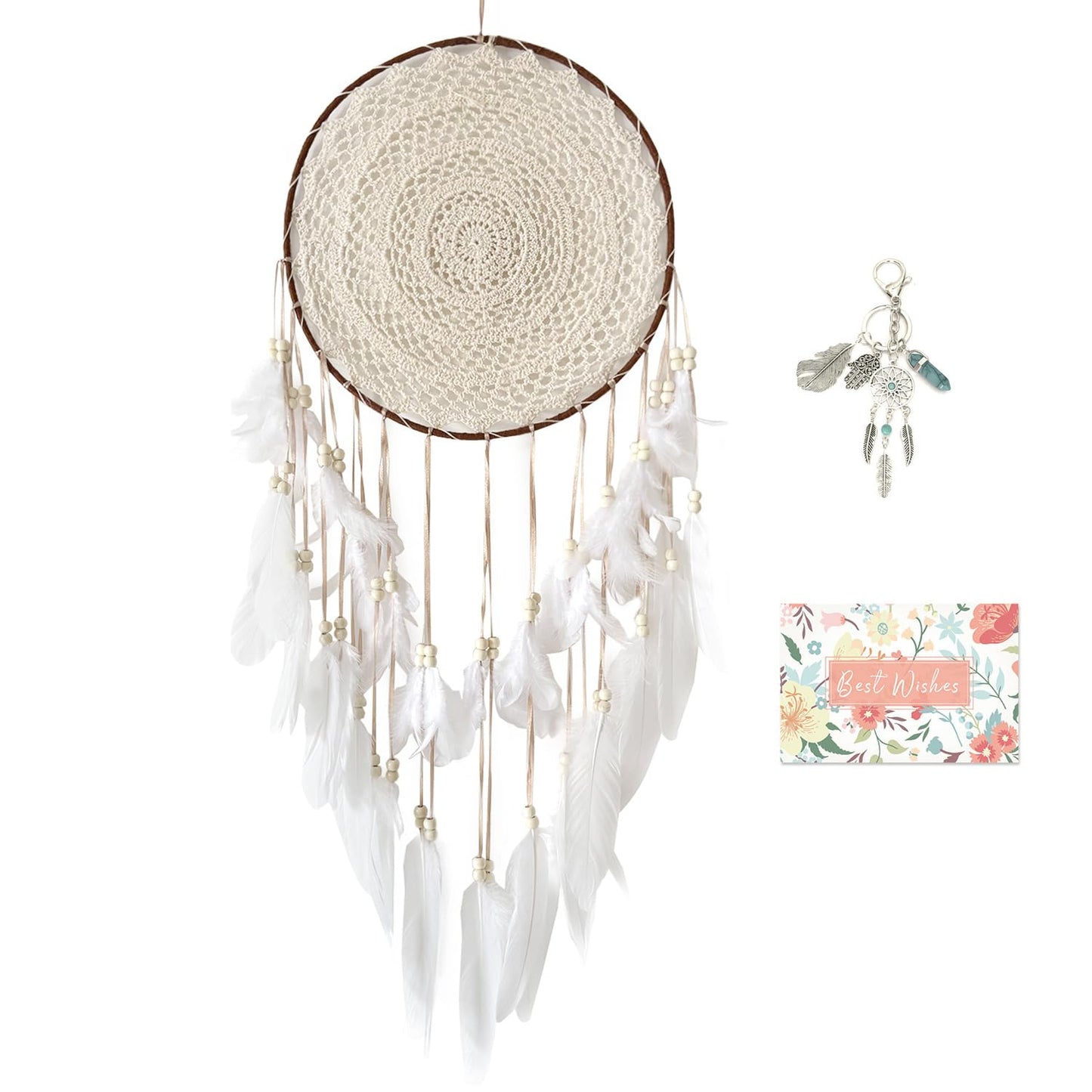 Malicosmile Large White Dream Catcher, Handmade Big Dream Catchers for Bedroom Wall Hanging Wedding Party Decor with a Greeting Card Gift (11.8 Inches in Diameter)