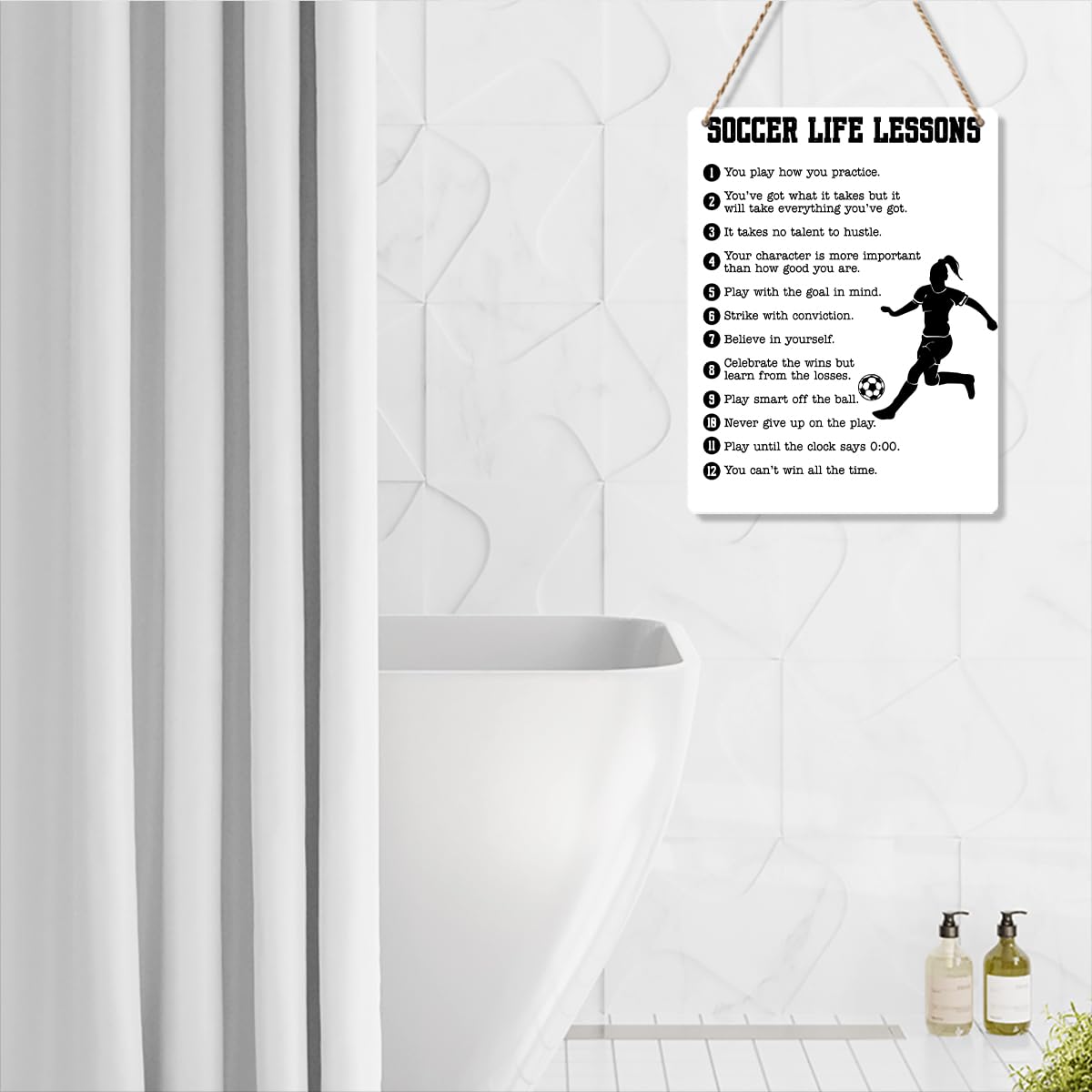 Soccer Life Lessons Wood Sign Inspirational Soccer Wall Art Decor Signs for Women Players Living Room Game Room Playroom Bedroom Gym Decor 8x10 Inch