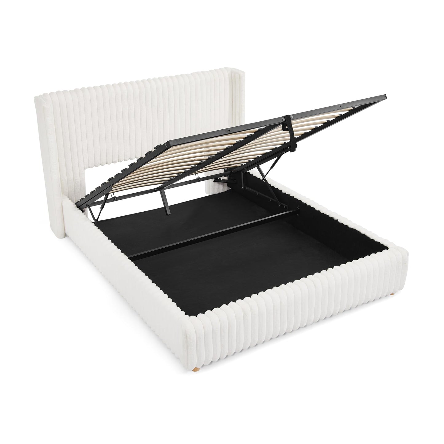 Tabaray Queen Bed Frame with Storage, Upholstered Platform Bed Frame with Plush Rabbit Fur Headboard, Adult Floor Bedframe with Wooden Slats Support, No Box Spring Needed for Bedroom, Apartment, Beige