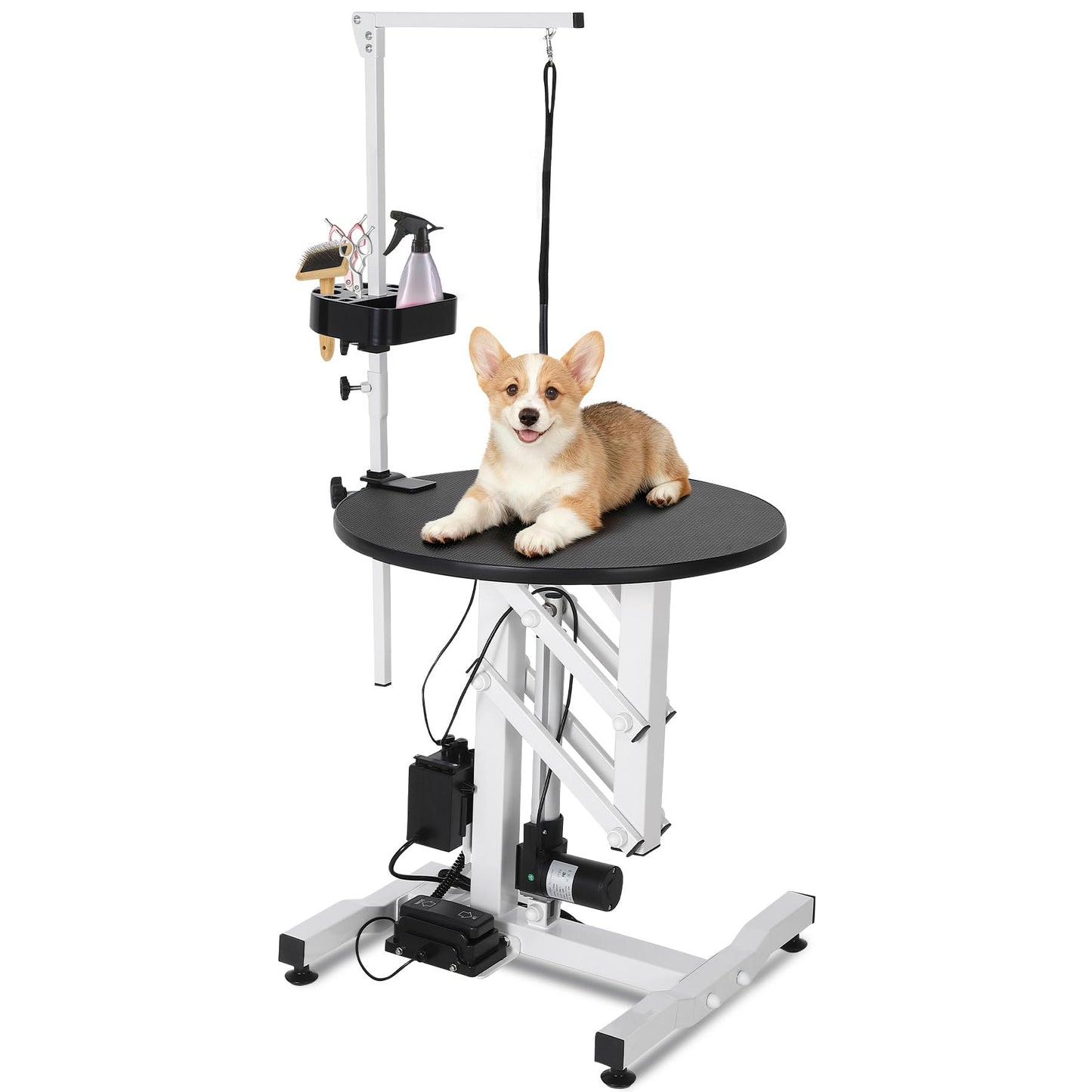 ActiveTrail Electric Hydraulic Lift Dog Grooming Table – 24 Inch Rotating Desktop, Overhead Arm, Foot Remote, Tool Organizer, 250LBS Capacity – Ideal for Small Pets