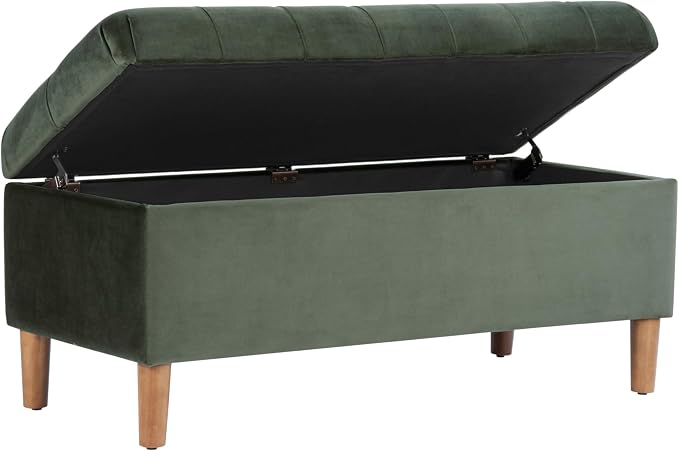 Homepop Home Decor | Tufted Ainsley Button Storage Ottoman Bench with Hinged Lid | Ottoman Bench with Storage for Living Room & Bedroom,Loden Green Velvet