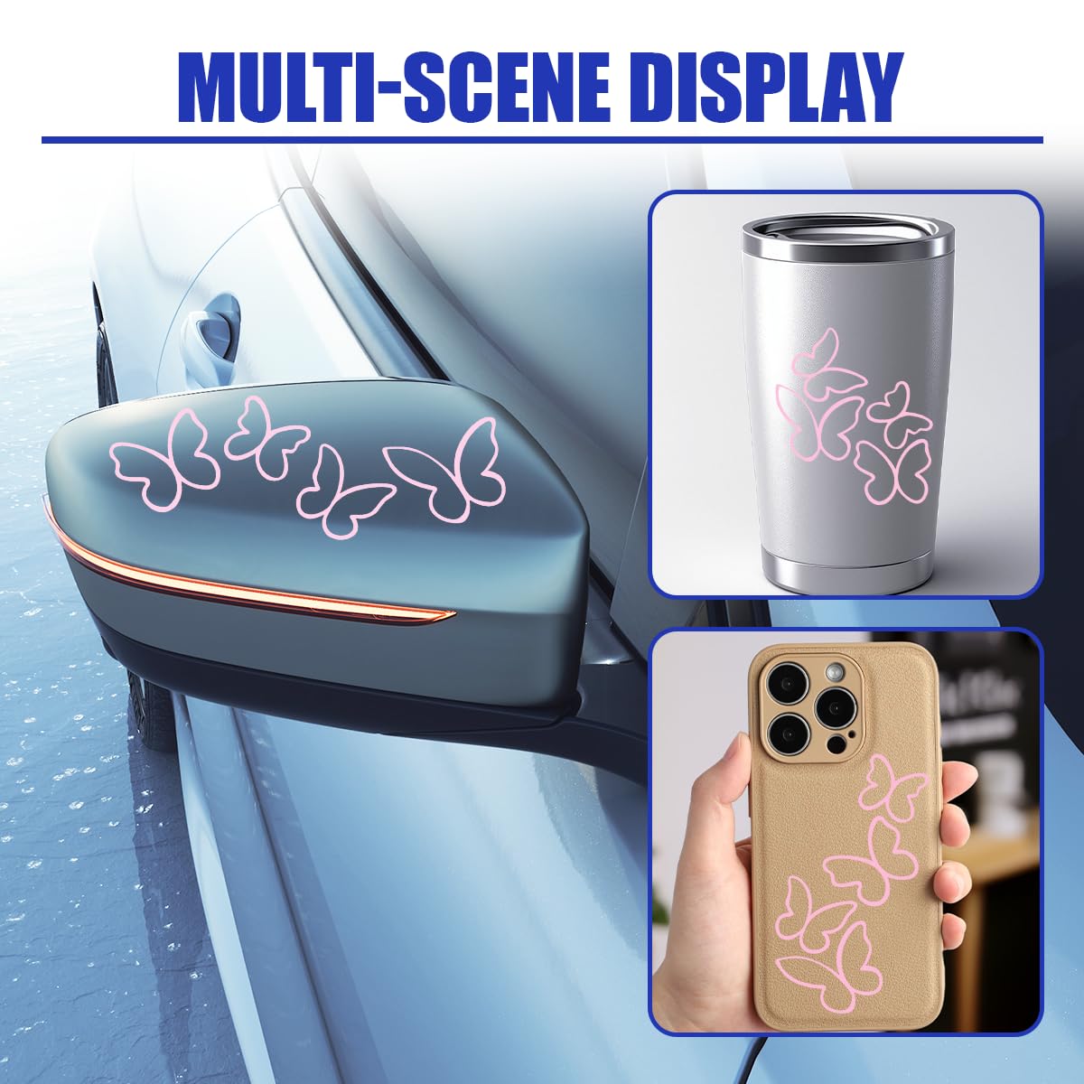 KPFILEH Butterfly Car Mirror Stickers, Cute Rearview Mirror Accessories, Vinyl Waterproof Car Decorations, Removable Automotive Decals for Window Water Bottle Laptop(Pink)