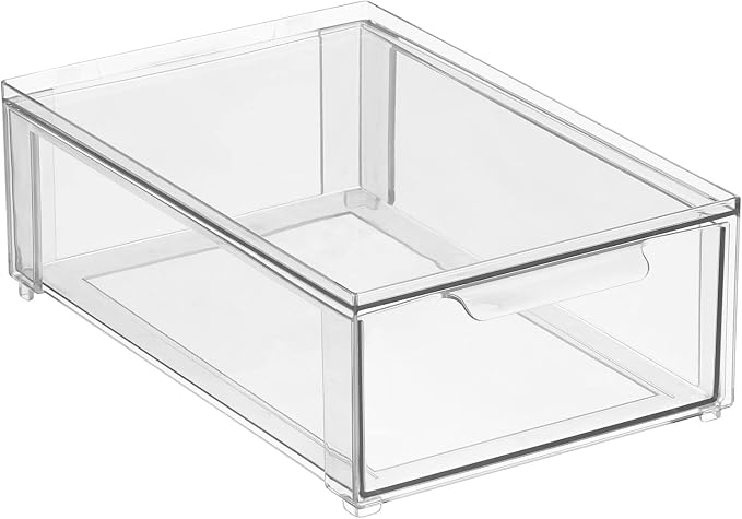 mDesign Plastic Stackable Bathroom Storage Organizer Bin Containers with Front Pull Drawer for Bathroom Countertop, Vanity, Closet Shelves - Holder for Beauty Accessories - Lumiere Collection - Clear
