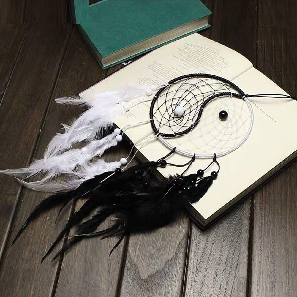Yahpetes Dream Catcher 19.7" Feather Chandelier Ornaments Handmade Indian Wall Decoration Interior Rearview Pendant Charm Car Hanging with Feathers Beads (Black and White)