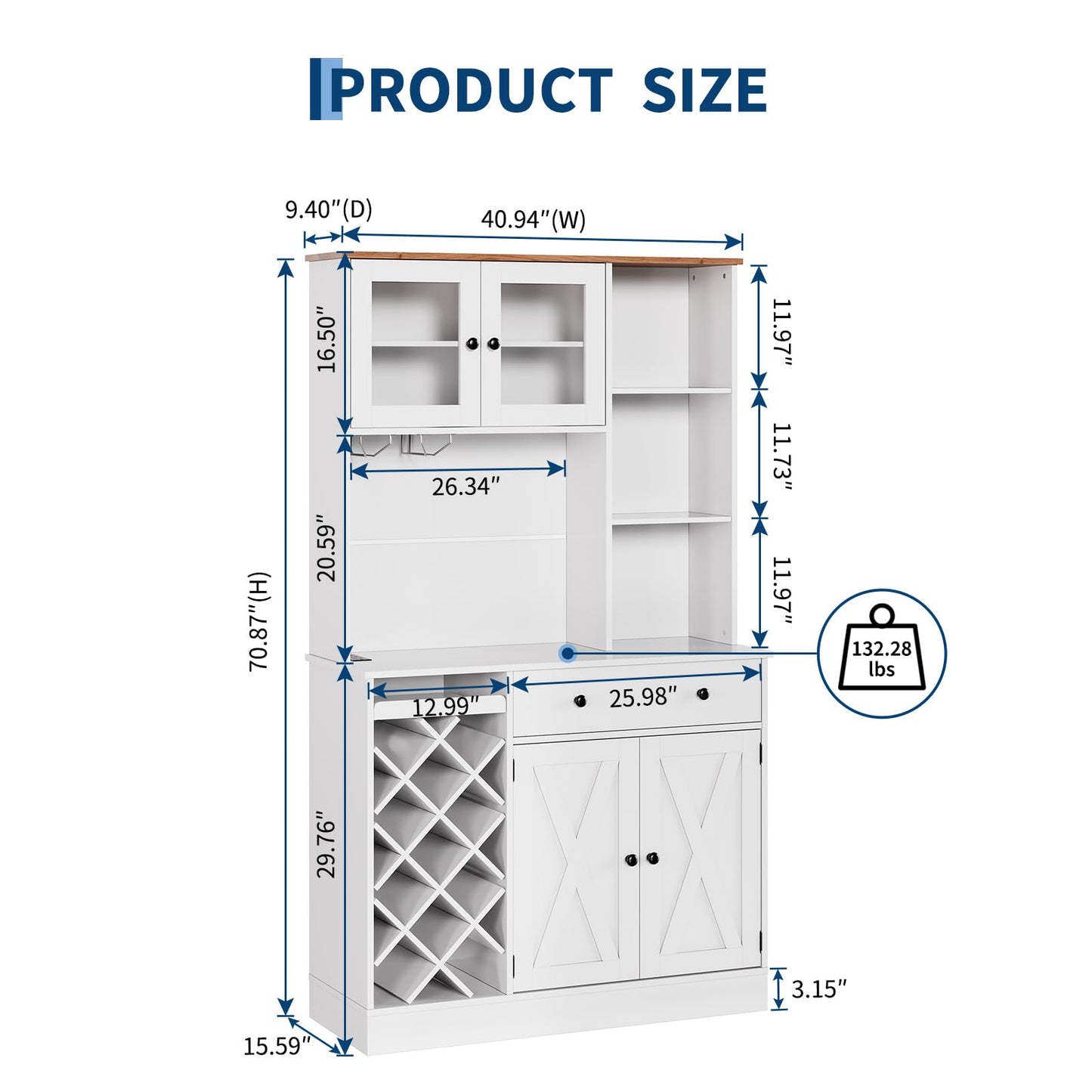 GarveeLife Tall Coffee Bar Cabinet with Wine Rack – Modern Sideboard Buffet, Barn Doors, Storage Hutch, Power Outlets, Glass Holder – for Dining Room, Kitchen, or Living Room – White + Light Walnut