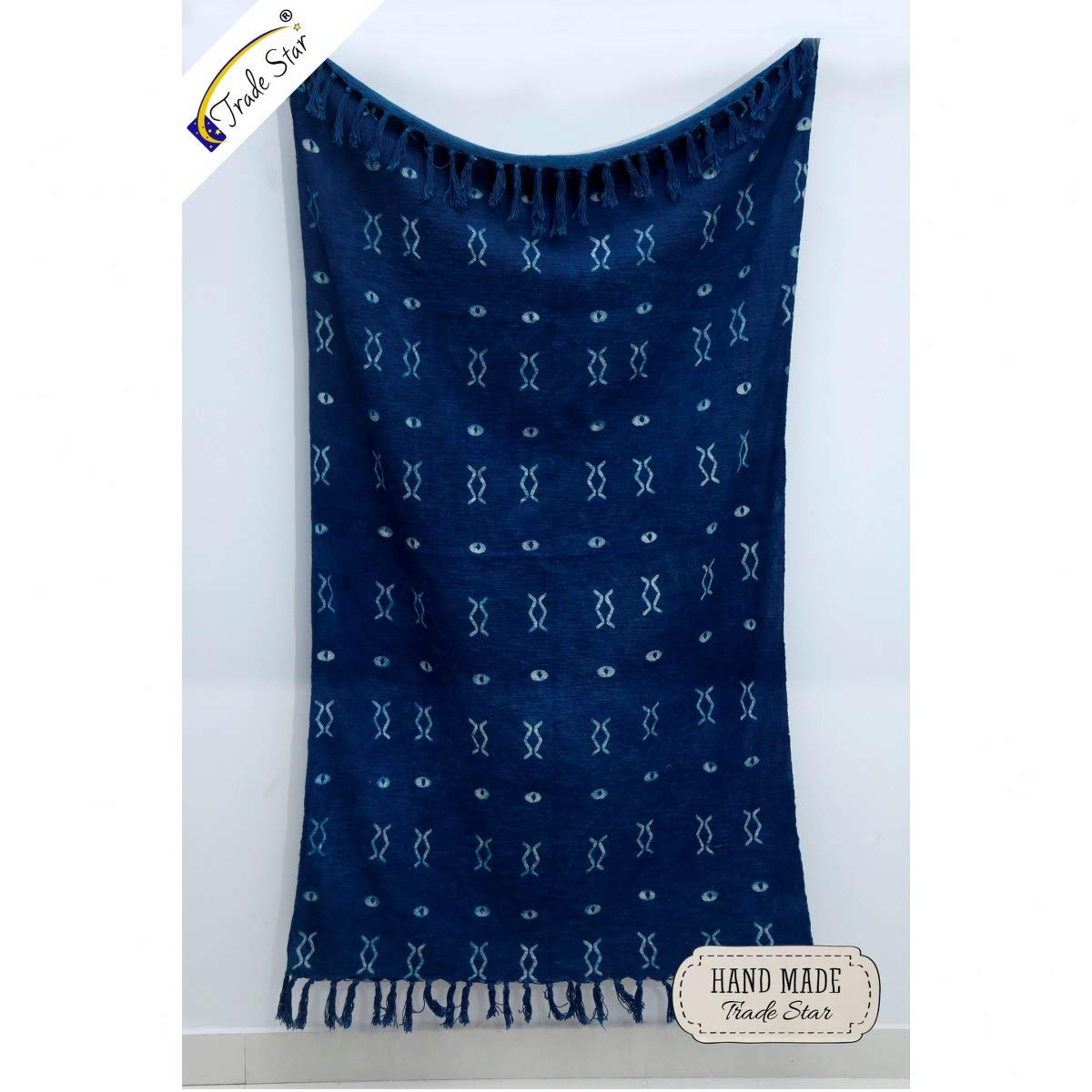 Trade Star 100% Cotton Throw Blanket Indigo Throw Blanket Handloomed Cotton Throw Mudcloth Designer with Tassels Handmade Premium Quality (50X70 INCHES Indigo Zen)