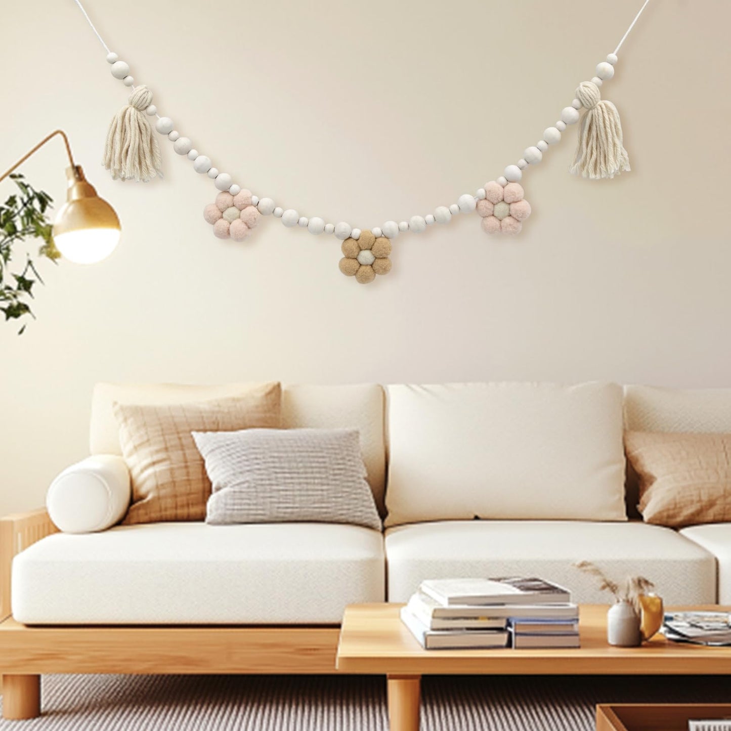 Decorations for Home, 2 Pack Boho Tassel Garland with Wooden Beads and Felt Flower, Wall Decorations for Living Room, Home Decor for Kitchen, Living Room, Entryway