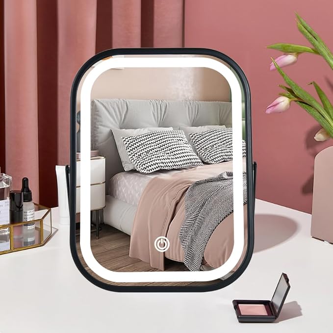 YEKKOPT Travel Mirror with Lights, Small LED Makeup Mirror with Lights,Portable Desk Mirror 1200mAh Battery,3 Color Modes,Dimmable Touch Screen, Tabletop Folding Compact Mirror,Women Gift