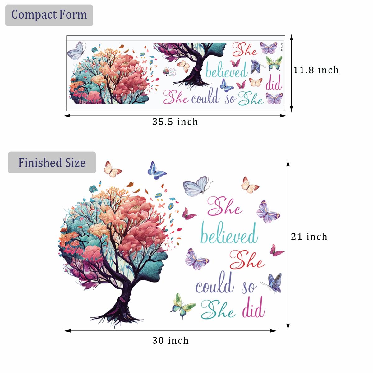 Inspirational Quotes Wall Art - 'She Believed She Could So She Did' Tree & Butterfly Decal Stickers for Women & Girls Bedroom & Living Room Decor