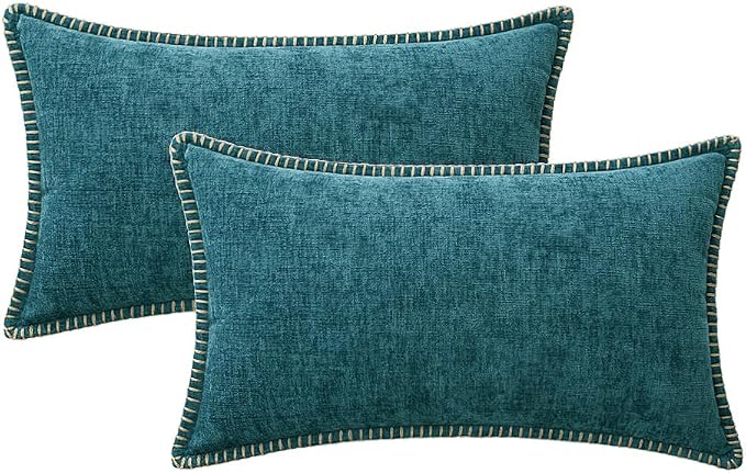 MIULEE Pack of 2 Lumbar Throw Pillow Covers 12x20 Inch Dark Teal Farmhouse Decorative Pillow Covers with Stitched Edge Soft Chenille Solid Dyed Pillow Covers for Couch Sofa Bed Living Room
