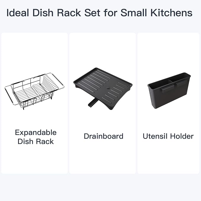MAJALiS Dish Drying Rack Over The Sink with Utensil Holder, Drainboard | Expandable Stainless Steel Dish Drainer for Small Kitchen, Apartment, RV, Counter Space Saving, Perfect Fit, Rustproof